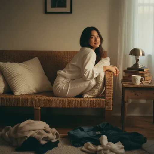 Sitting on a woven sofa